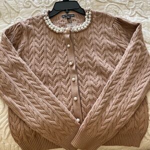 NWT Adrianna Papell Brown Cable Knit Cardigan with Pearl Details